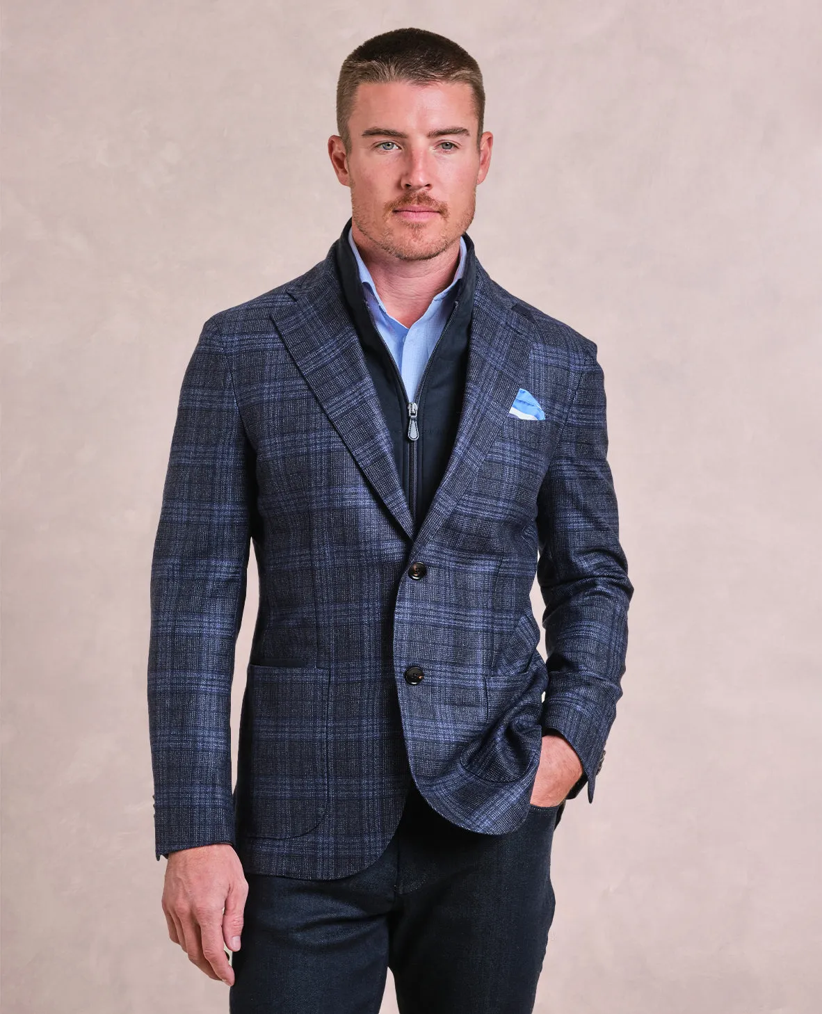 The Luigi - Wool Check Travel Jacket w/Zip Out Warmer - Navy Heather