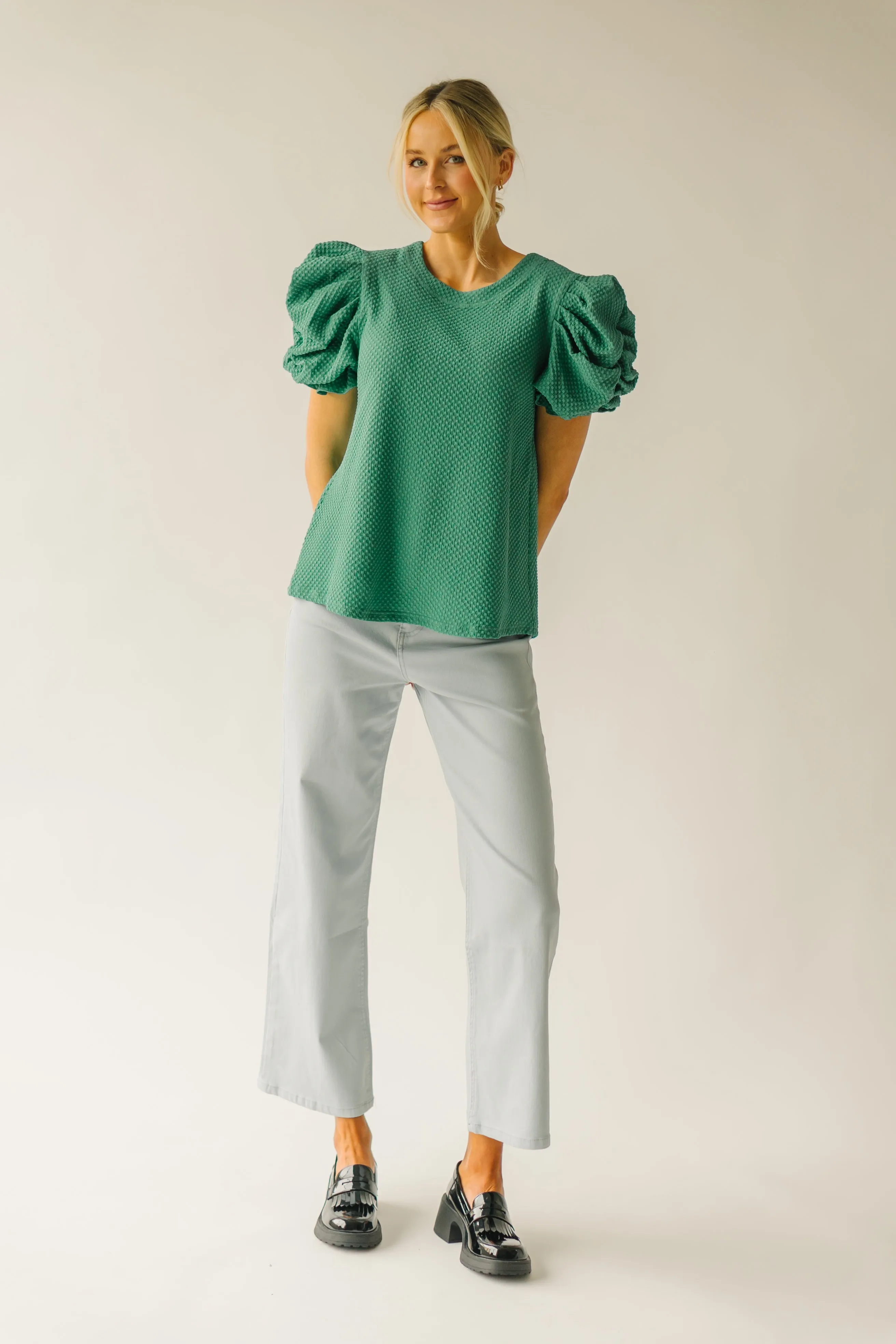 The Markos Pleated Puff Sleeve Blouse in Green