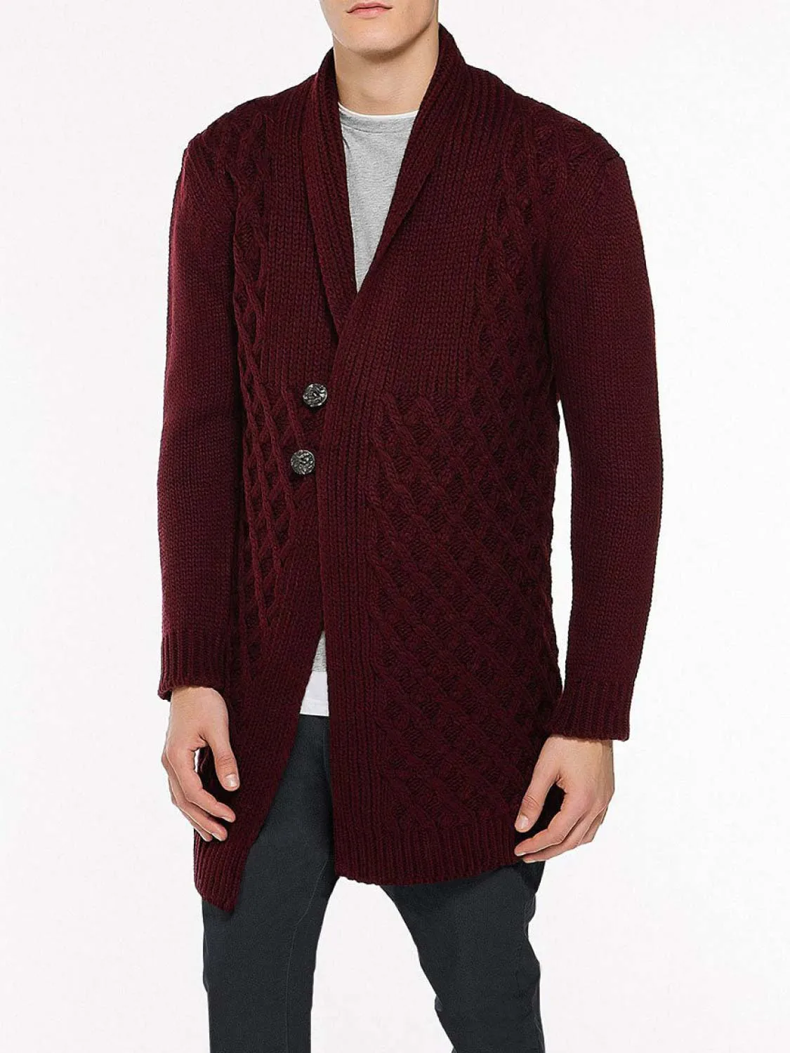 Two Button Shawl Collar Wool Blend Cardigan Burgundy