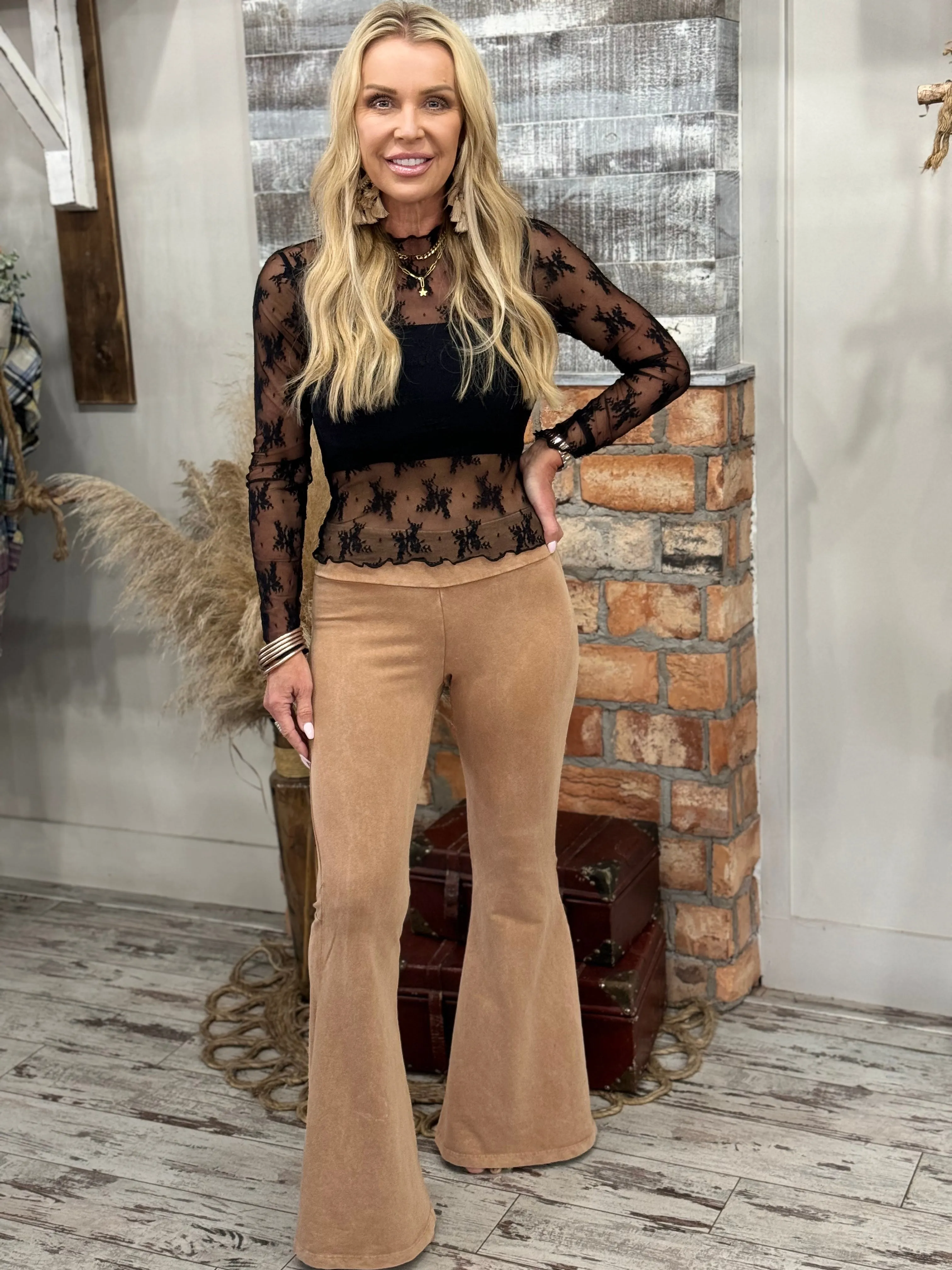 Washed Bell Bottom Flare Pants with Pockets in Camel