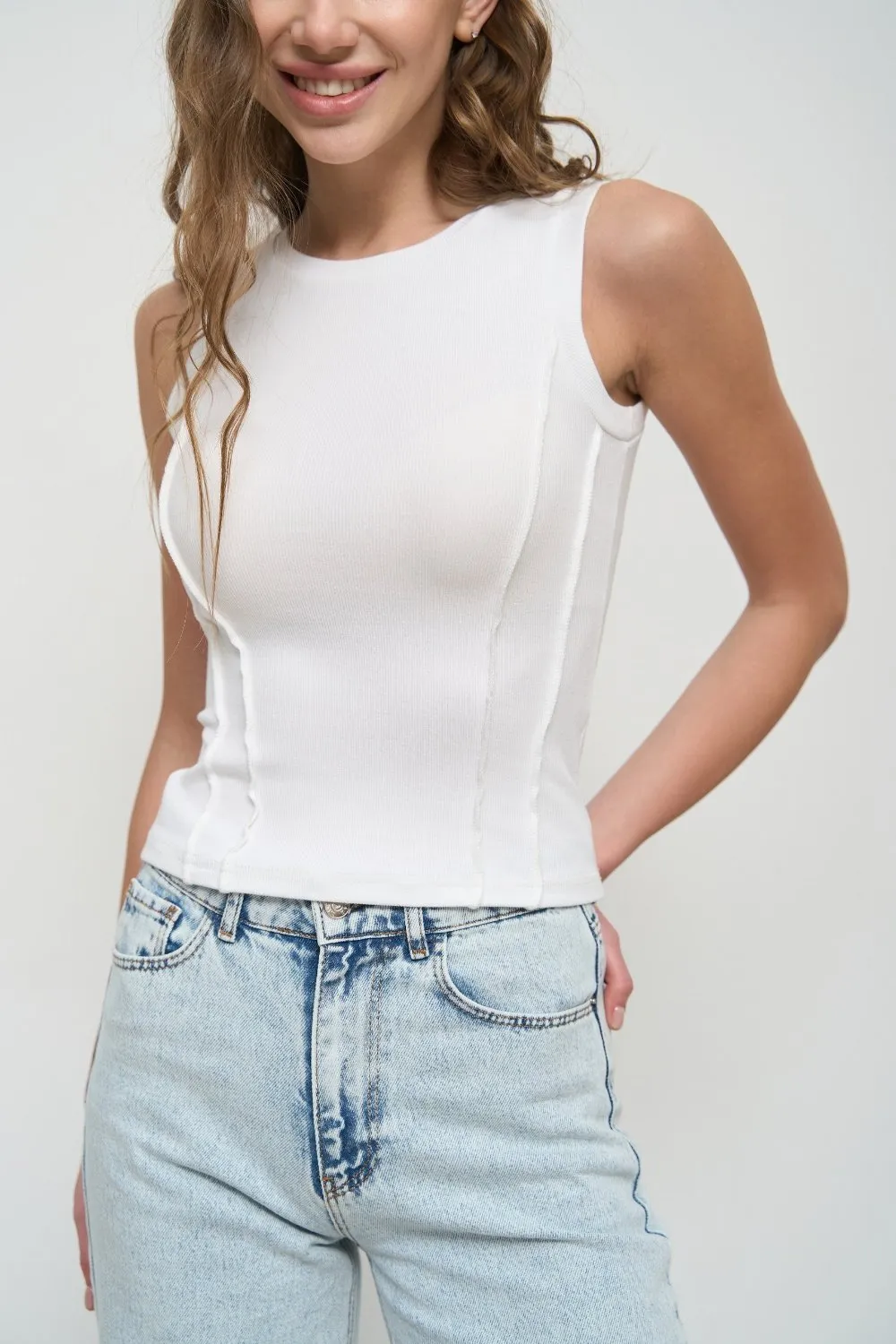 White Ribbed Seam Detail Top