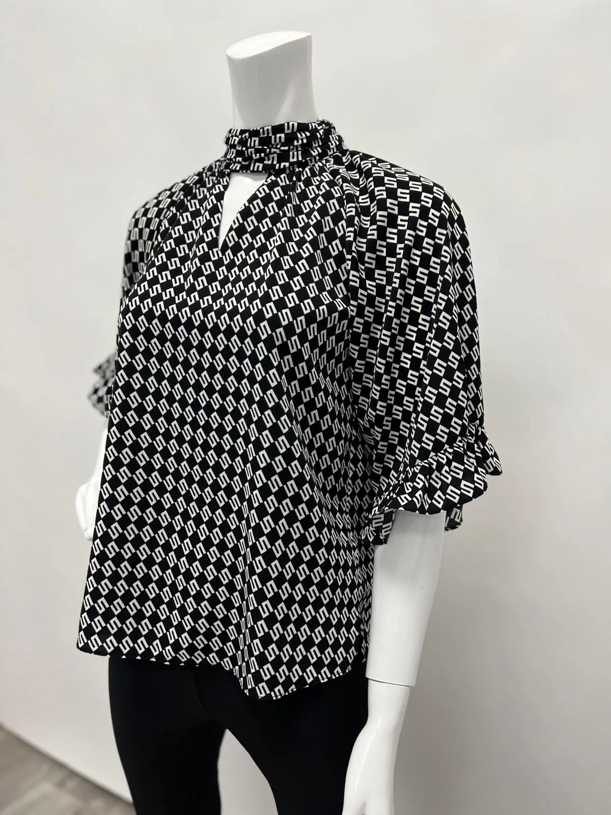 Women's Black & White Diamond Print Blouse Gathered Neck | LIOR