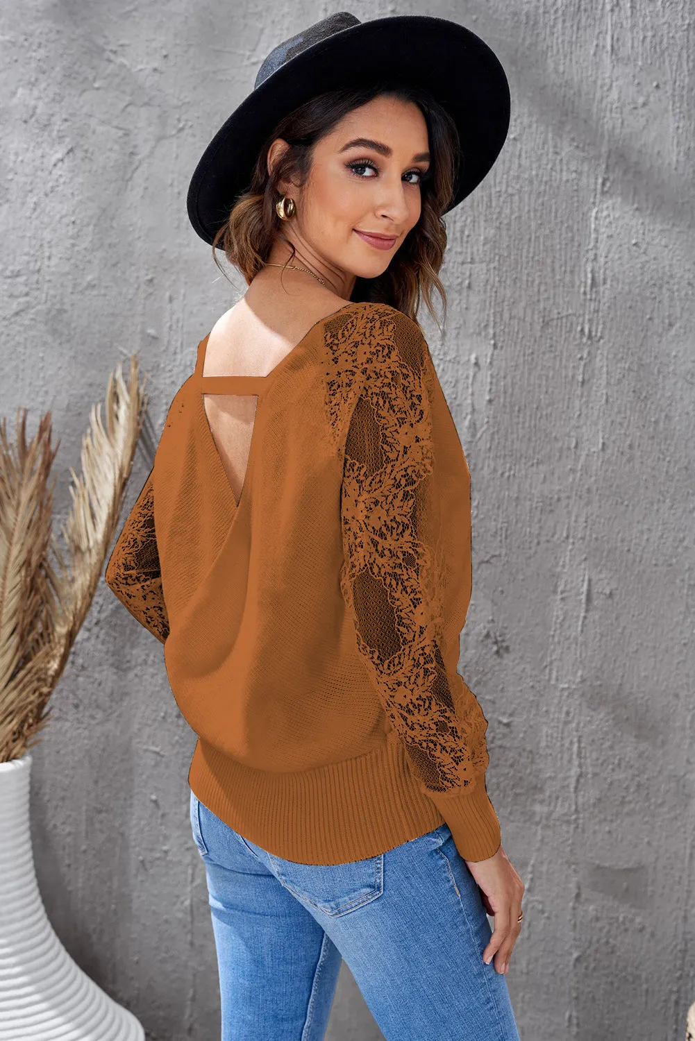 Women's Deep V Neck Hollow-out Cross Wrap Sweater With Lace Sleeves