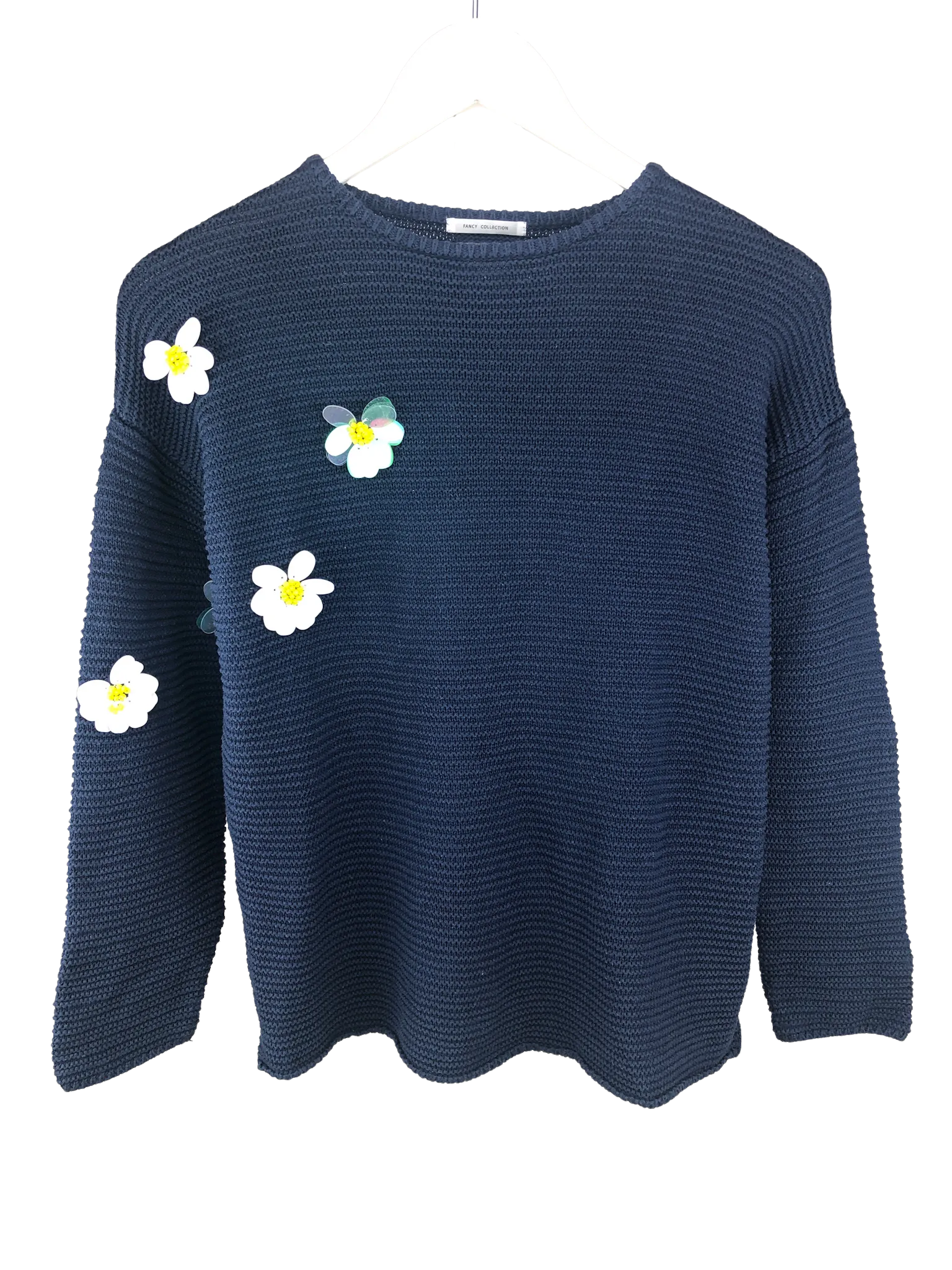 Zara Knitwear Fancy Collection, Girls' Cotton Sweater with Paillette Flowers, Navy, Size 11-12 yrs