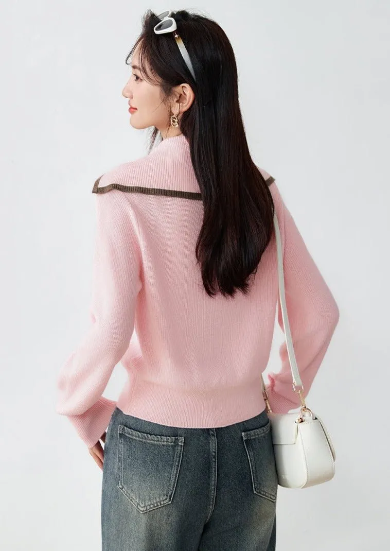 ZIPPER BIG LAPEL KNIT SWEATER