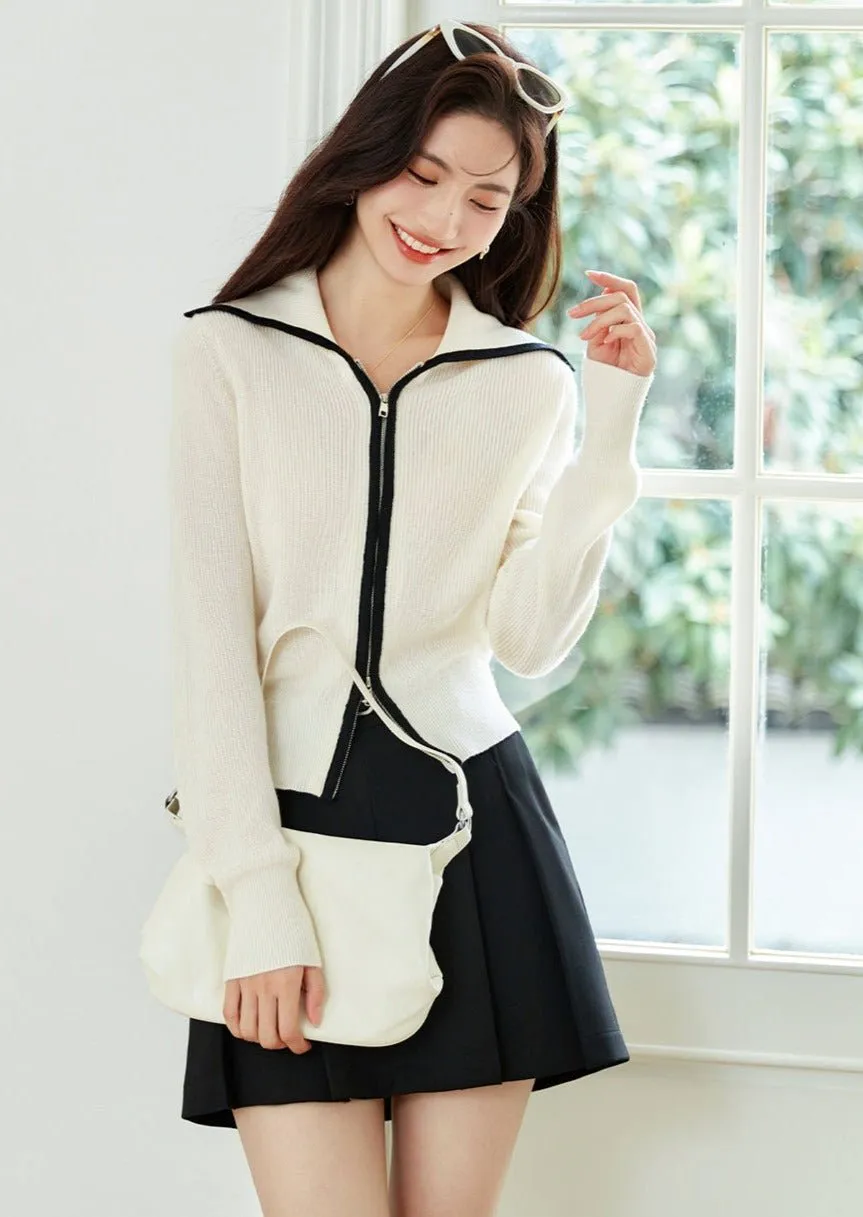 ZIPPER BIG LAPEL KNIT SWEATER