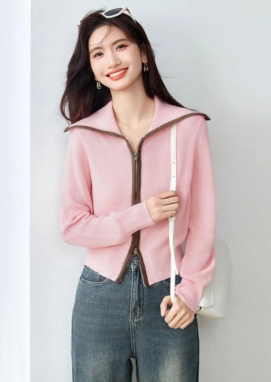 ZIPPER BIG LAPEL KNIT SWEATER