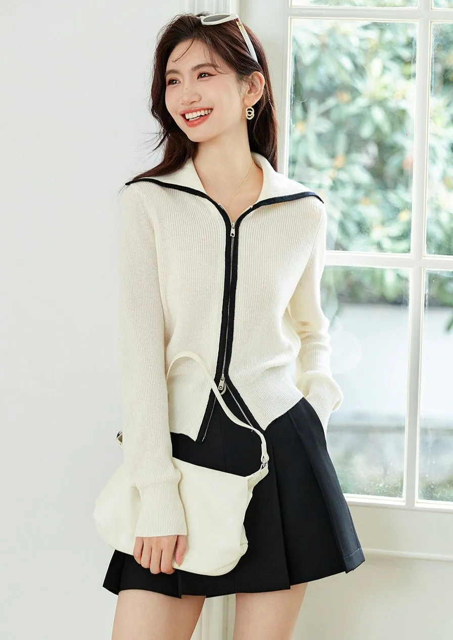 ZIPPER BIG LAPEL KNIT SWEATER